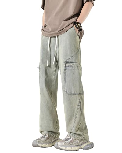 PRIJOUHE Relaxed Fit Jeans for Men Straight Leg Baggy Jeans Hip Hop Elastic Waist Denim Pants with Drawstring