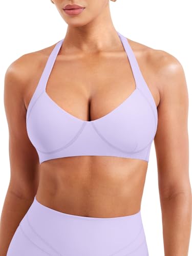 Image of YEOREO Women Halter Sports Bra Light Support V Neck Padded Strappy Open Back Workout Gym Tops