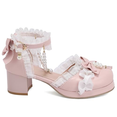 LUXMAX Womens Bow Double Strap Mary Janes Lolita Shoes Square Toe Chunky Heel Pumps2