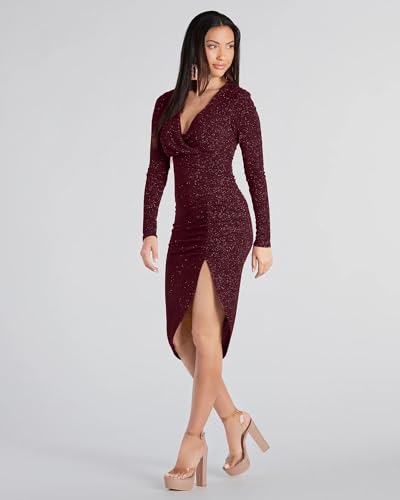 Image of ADDYVERO V-Neck Long Sleeve Lurex Gliter Solid Front Slit Front Ruched Seam Bodycon Above Knee Length Women Dress