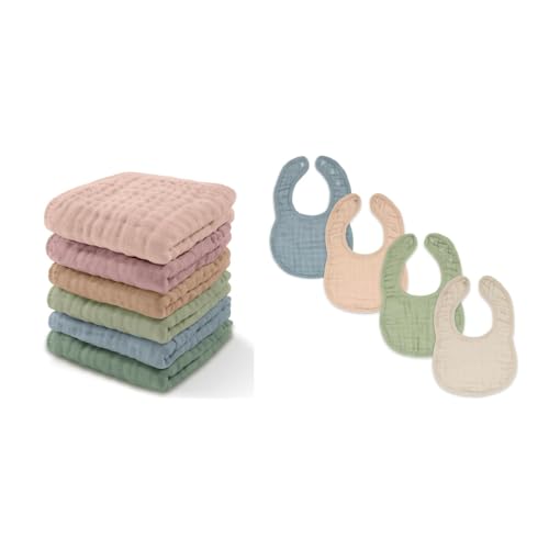Image of Comfy Cubs Baby Washcloths and Muslin Baby Bibs Bundled