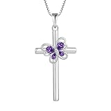 FJ Butterfly Cross Necklace 925 Sterling Silver February Birthstone Pendant Amethyst Necklace Religious Crucifix Jewellery Gifts for Women