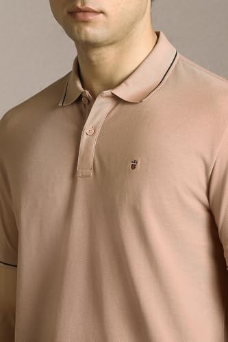 Image of Louis Philippe Men's Slim Fit Single-Tuck Pique Stylized Sleeve Print and Contrast Tipping Half Sleeve Solid Polo Tshirt