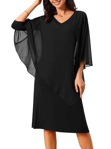 Seta T Women's Fall Dresses 3/4 Sleeve V Neck Chiffon Cape Overlay Knee Length Pencil Dress for Wedding Guest