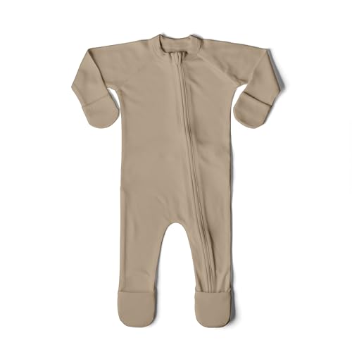 Image of Goumikids Convertible Baby Footie Pajamas, 2-Way Zipper and Mitten Cuffs, Organic Cotton, 3-6 Months, Sandstone
