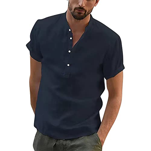 Herren Hemd Kurzarm Leinenhemd Regular Fit Sommerhemd Freizeit Stehkragen Baumwoll Leinen Leinen Henley Shirt Langarm Hippie Casual Beach T-Shirts für Männer Dunkelblau