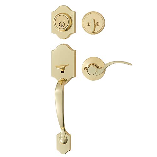 Amazon Basics Front Door Lock Set, Handleset with Shelby Lever, Level Door Handle, Exterior, Single Cylinder Packs, Polished Brass, 6-Pack by Amazon Basics - Used condition - US$93.56