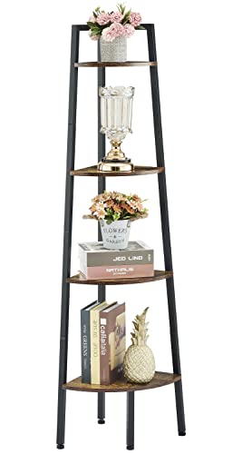 Hoctieon Corner Shelf, 4-Tier Corner Bookshelf, Rustic Ladder Shelf, Industrial Display Stand for Living Room, Kitchen, Home Office, Balcony, Small Space, Metal Frame, Rustic Brown - Image 6