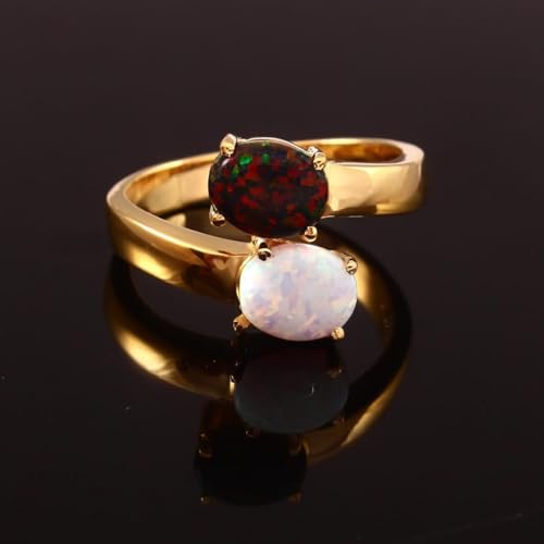 9x7 mm Lab Grown Fire Opal Gemstone Engagement Rings Oval Shape white & Black Opal Stone October Birthstone 925 Sterling Gold Plated Band Ring Promise, Anniversary Gift for Her2