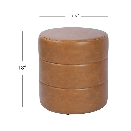 Image of HomePop 18 inch Round Ottoman - Camel Brown Faux Leather