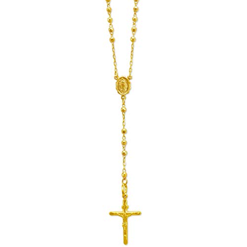 14K Gold Rosary Chain Necklace - Nice Shiny Tricolor White Yellow Pendant Flawless Jewelry Gift for Women and Men - Available 16 to 24 Inches Length - 2.5MM Wide