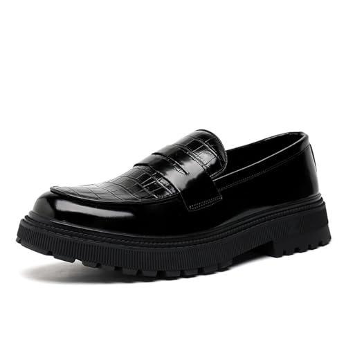 Mens Patent Leather Dress Penny Loafers Comfort Plaid Round Toe Slip On Platform Smoking Mocasines Formal Business Prom Shoes