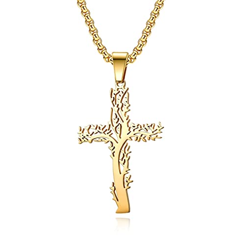 Cadena de acero inoxidable para hombre antiarañazos con amuleto de árbol de cruz retro plata