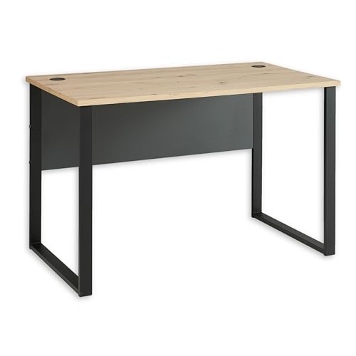 Stella Trading Schreibtisch in Artisan Eiche Optik, Graphit - Moderner Bürotisch Computertisch mit Metallgestell & Kabeldurchführungen - 120 x 77 x 73 cm (B/H/T)