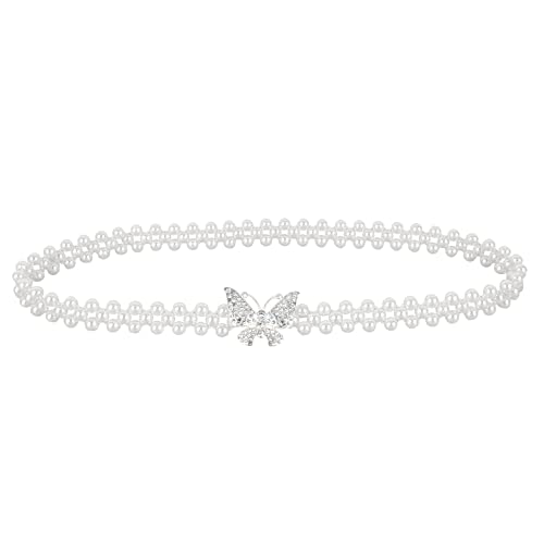 Women Rhinestone Artificial Pearls Fine Thin Elastic Waist Belt Evening Wedding Bridal Dress Belt