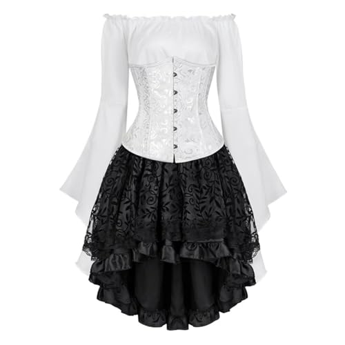Josamogre Korsett Underbust Kleid Set 3 Pcs Corset Dress Damen Korsettkleid Corsage Kostüm mit Spitzenrock und Bluse für Karneval Fasching Halloween...
