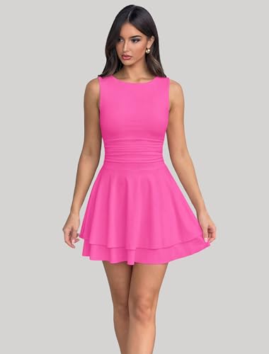 Image of IWD Women's Boat Neck Sleeveless Mini Dress Ruched Waist Flowy Tiered Ruffle Hem A Line Party Short Dresses