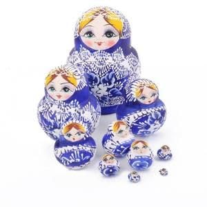 Poupées Russes Série de 10 pièces/Poupées Russes Matriochkas en Bois Peints- Bleu