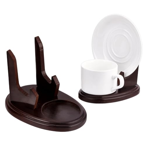 PH PandaHall 2pcs Wood Tea Cup and Saucer Display Stand Brown Single Cup Display Wooden Saucer Holder Racks Organizer for Kitchen Table Plate Art Decorative 5.9x3.8x4.4 inch
