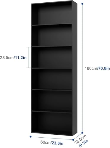 FOTOSOK 6-Tier Open Bookcase and Bookshelf, Freestanding Display Storage Shelves Tall Bookcase for Bedroom, Living Room and Office, Black