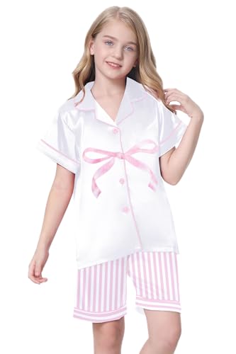Image of Schbbbta Girls Womens Pajamas, Satin Silky Pjs Set Kids 2Pcs Button-Down Nightwear Sleepwear Gift for Mommy and me