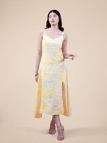 Image of Orla Floral Slit Midi Dress for Women - Sleeveless Sweetheart Neck Calf Length Dress