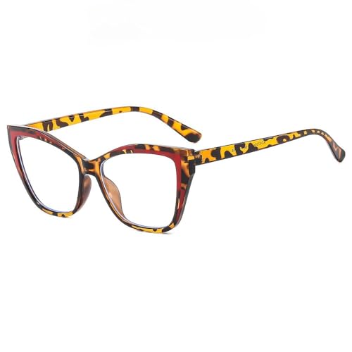 ENSARJOE Women's Bohemian Cat-Eye Eyeglasses Frames Clash Color Leopard Print Clear Lens Glasses for Daily Reading & Work, Leopard Red/Transparent