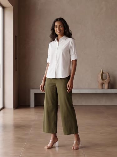 Image of SAADAA Women's Relaxed Fit Mid Rise Airy Linen Wide Leg Pants, High Waist Trousers for Formal, Casual & Office Wear