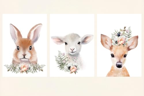 Woodland Forest Animals Baby Girl Nursery A4 Bedroom Prints Set Of 3, Pink Floral Fawn Lamb Bunny Wall Art Accessories