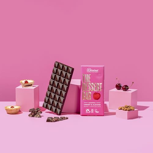 Divine Dessert Bar 60% Dark Chocolate Bakewell with Cherry & Almond 180g – Fairtrade Dark Chocolate – Inspired by Classic Cherry Bakewell – Ethical Premium Chocolate