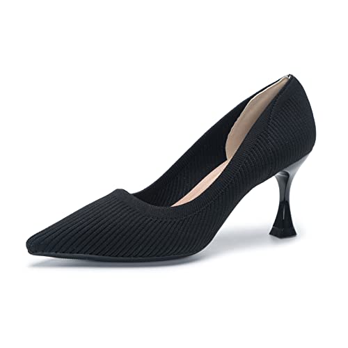 youngshow High Heels for Womens Closed Toe Slip On Knit Comfortable Dress Party Heels Pumps