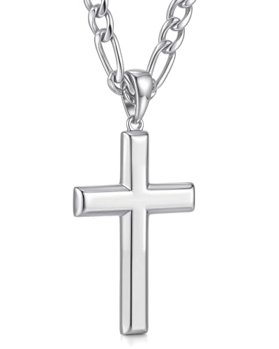 Real 925 Sterling Silver Cross Necklace for Men 5mm Diamond Cut Stainless Steel Figaro Chain 20 White Gold Cross Pendant Mens Crucifix Religious Christian Jewelry Christmas Birthday Baptism Gifts