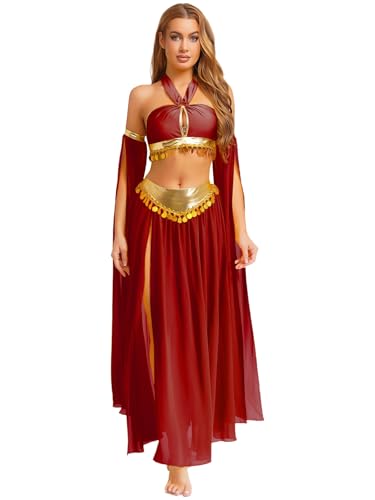Hedmy Fato de dança árabe para mulher fato de dança da barriga com lantejoulas franjas Crop Top Halter e saia chiffon e mangas para atuação, Vinho, S
