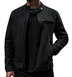 Café Racer Lambskin Leather Jacket Men Round Collar Men's Casual Real Leather Motorcycle Biker Jacket (US, Alpha, Medium, Regular, Regular, Black Matte)