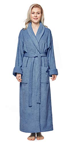 Arus Women's Long Style Full Length Robe Thick Shawl Collar Turkish Bathrobe Blue Gray Large