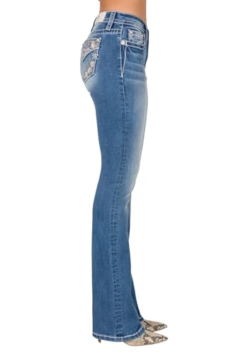 Miss Me Women's Mid Rise Bootcut Jeans, Faux Flap Pockets with Floral Embroidery, Boot Cut Stretch Denim Pants, Slim Fit3