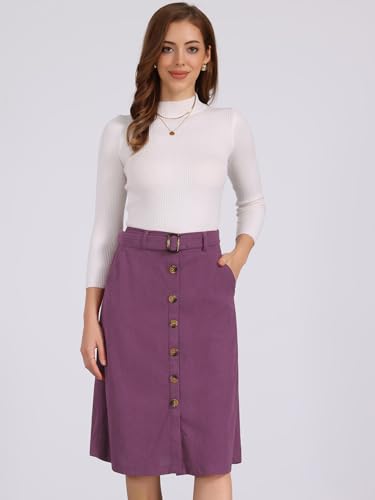 Allegra K Womens High Waist Button Front A-Line Belted Corduroy Midi Skirt2