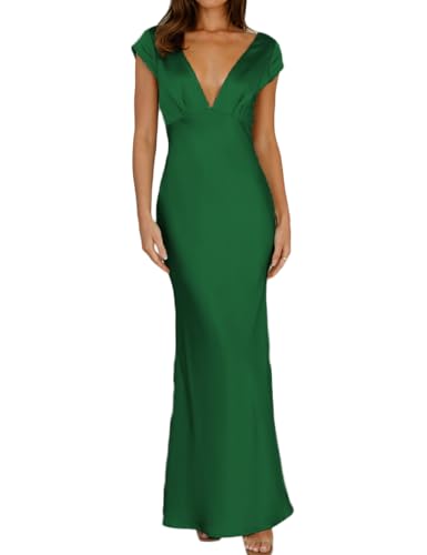 Image of Halfisland Womens Summer Satin V Neck Cap Sleeve Midi Dress Wedding Guest | 2026 Summer,Backless,Hollow Out,Long,Formal,Cocktail,Twist,Bridesmaid,Party,Baby Shower,Short Sleeve,Beach,Elegant,Evening