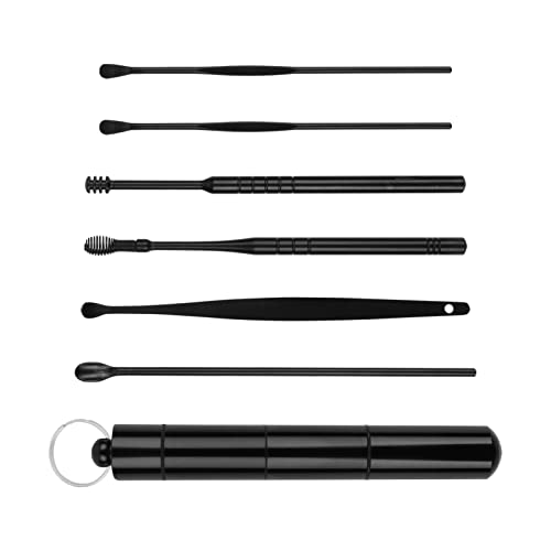 MJIYA Ear Pick Earwax Removal Kit, Ear Cleansing Tool Set, Ear Curette Ear Wax Remover Tool with a Storage Box (Black, 6 Pcs)