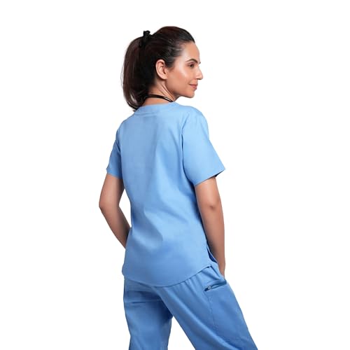 Image of Lite V-Neck 6-Pocket Women's Cotton ScrubSuit | Moisture-Wicking, Anti-Stain & Odor Protection | Classic Fit Top & Pant | All-Day Comfort for Doctors & Students Ceil Blue (L)