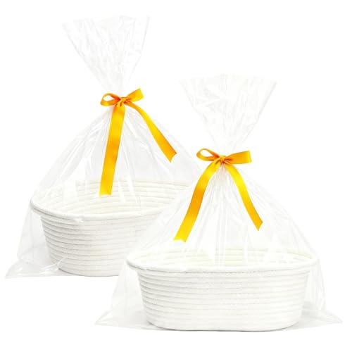 2 cestas de presentes vazias trançadas, cestas vazias com papel de embrulho transparente e laço, para festivais, aniversários, festas, casamentos (branco)