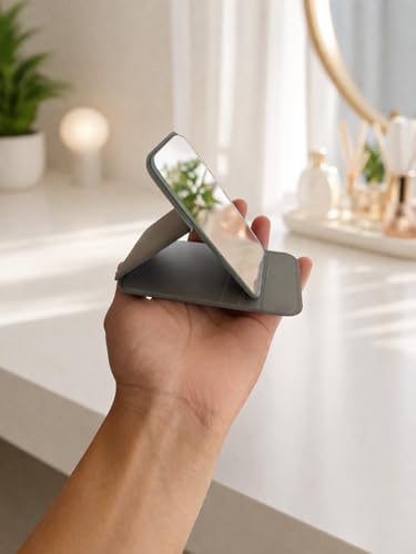 Image of Travel Mini Makeup Mirror(11 x 7 cm),Portable Folding Mirrorwith Stand,Light Weight and Slim Design for Purse,Travel,Use Anywhere,Easy Portability,Fits in Purse,Bag,Pocket (Grey, Pack of 1)