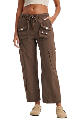 Cargo Pants for Women Low Rise Drawstring Waist 7 Pockets Hiking Work Wide Leg Pants with Zipper Button Closure