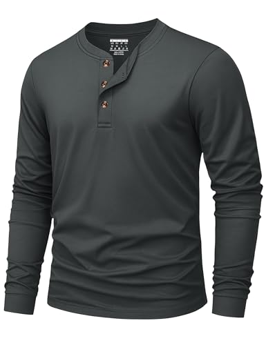 KEFITEVD Henley Herren Langarmhemd 3 Knopf Baumwolle lässig Frühling Übergang T-Shirt Dunkelgrau XL