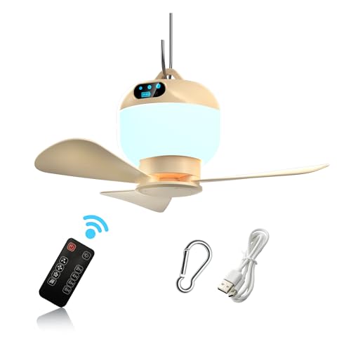 Negxi Camping Fan with Light & Remote, Portable Ceiling Fan for Tents, Canopy, Beach, RV, Car, Camper & Outdoor, Wireless Rechargeable Hanging Pop Up Tent Fans - 3 Speed Breeze & Timer