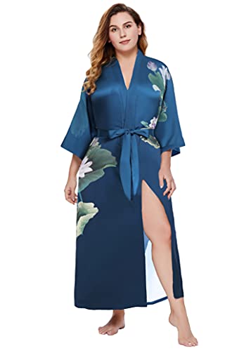Prodesign Damen Morgenmantel Kimono Große Größen Bademantel Lang Sommer Robe Blumen Muster Leicht Strandkleid Elegant Damen Satin Schlafmantel (Dunkelgrün) Cover