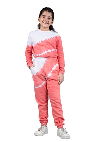 Image of Tweeny Mini Girls Kids Pure Cotton Terry Joggers Set | Tie Dye Co ord Set Winter Combo Outfit with Full Sleeves Sweatshirt and Pants | Relaxed and Comfortable Fittings