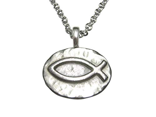 Kiola Designs Silver Toned Pewter Oval Religious Ichthys Fish Pendant Stainless Steel Chain Necklace