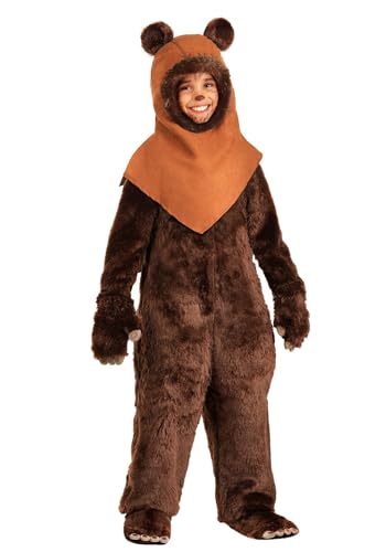 Deluxe Kids Star Wars Ewok Costume Jumpsuit with Hood Gloves and Shoe Covers | Forest Warrior Halloween Dress Up Outfit Medium