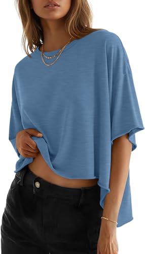 JINKESI Summer Shirts 2026 Womens Oversized T-Shirts Crew Neck Casual Short Sleeve Loose Basic Tee Tops Denim Blue-M